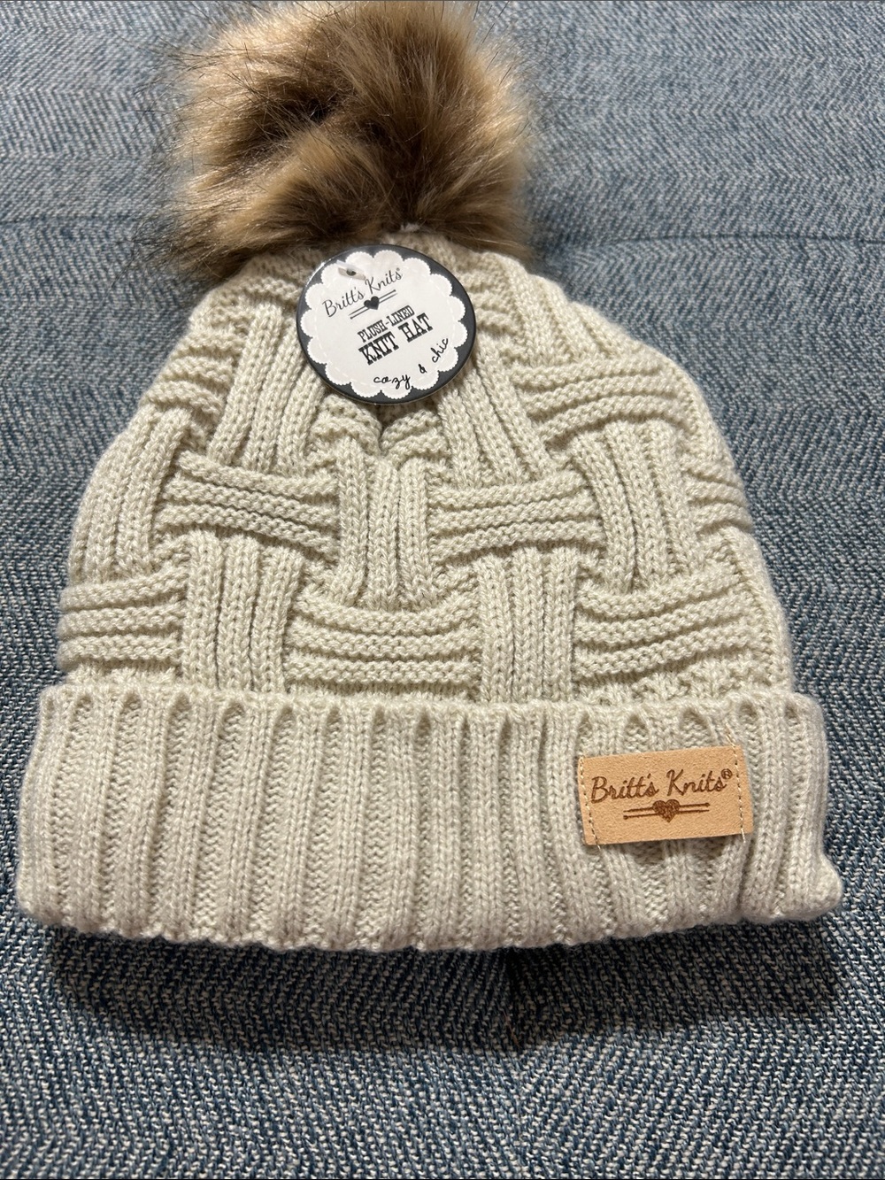 Britt's Knits Kids Cream Cable Pom Beanie